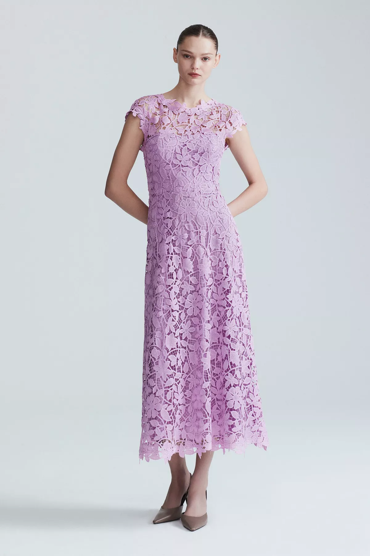 Floral Guipure Lace Full Skirt Midi Dress by Lela Rose at THE MILE