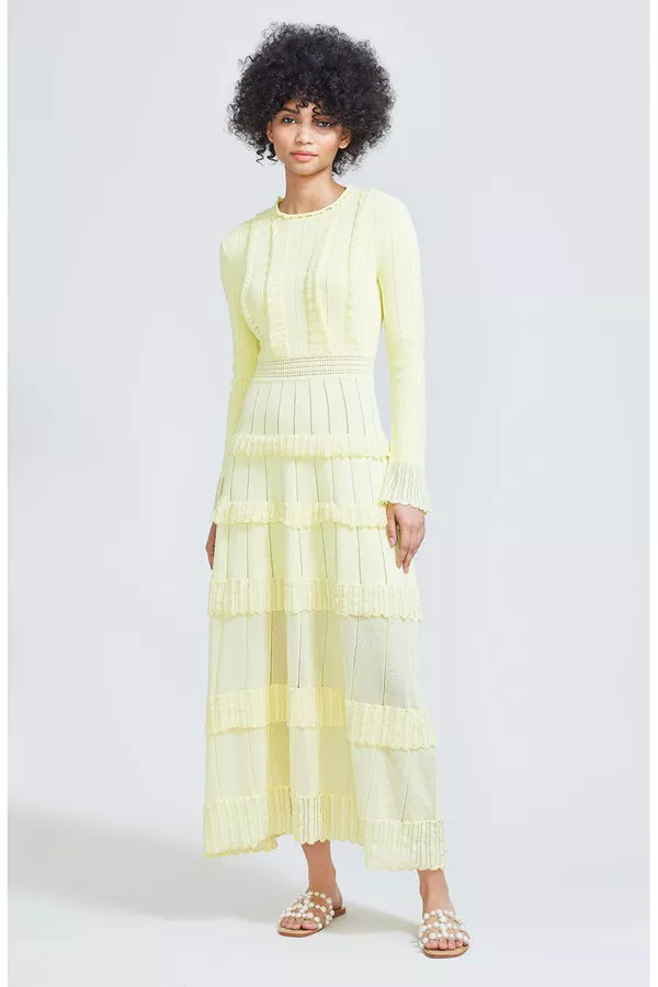 Ruffle Detail Knit Long Sleeve Midi Dress by Lela Rose at THE MILE