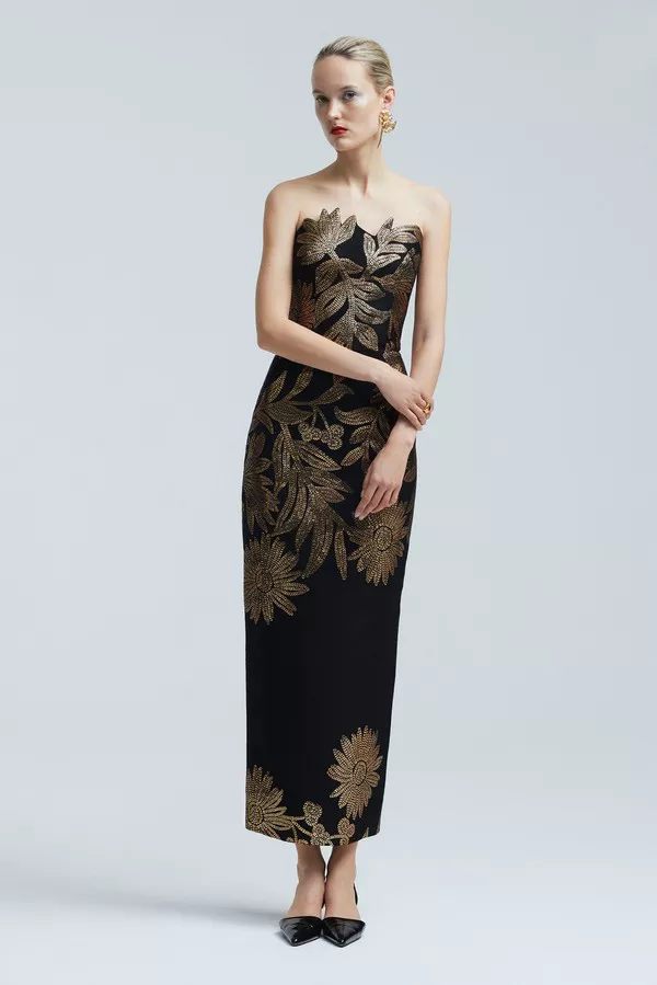 パーティードレス Lella Printed Jacquard Dress Floral Metallic Jacquard Strapless Column Dress by Lela Rose