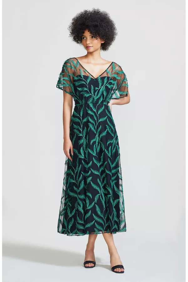 Feather Embroidered Tulle Flutter Sleeve V-Neck Dress by Lela