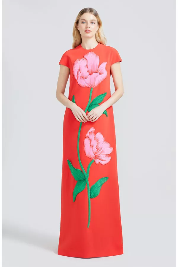 green emerald velvet dress Floral Embroidery Long Sleeve Tie Waist Dress – Lela Rose main image 0