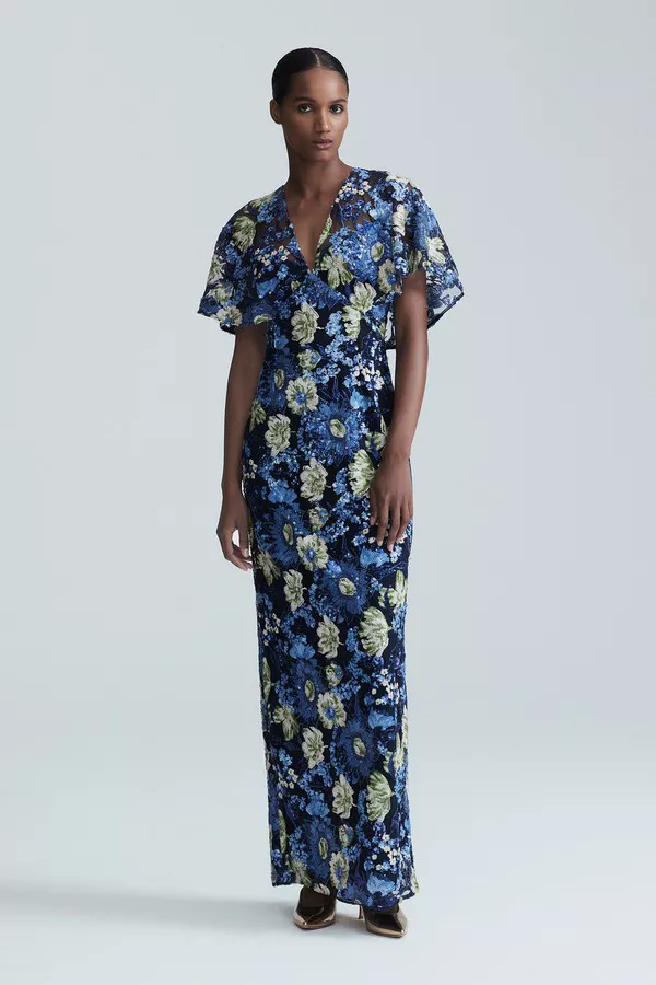 Floral Sequin Tulle V-Neck Column Dress by Lela Rose at THE MILE