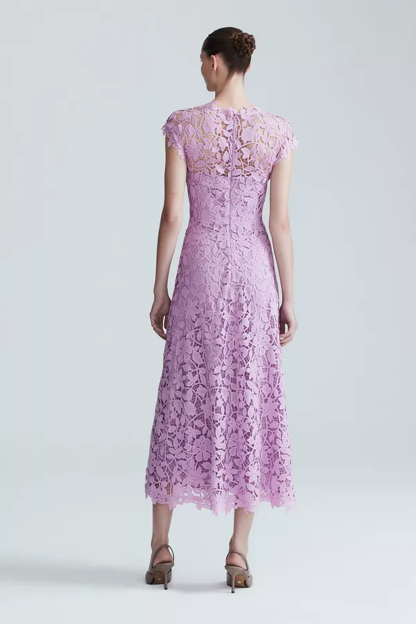 Floral Guipure Lace Full Skirt Midi Dress by Lela Rose at THE MILE