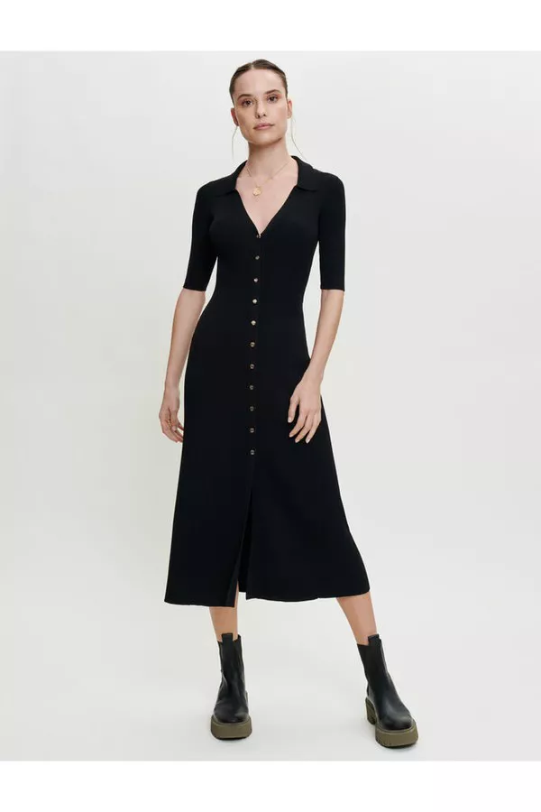 denim one piece dress knee length One Shoulder Belted Dark Blue Denim Midi Dress main image 0