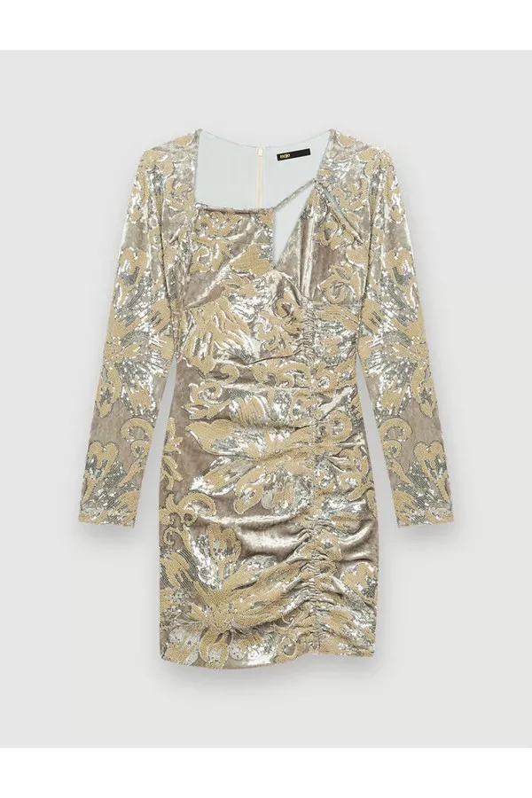 maje gold sequin dress Rhinestone knit maxi dress