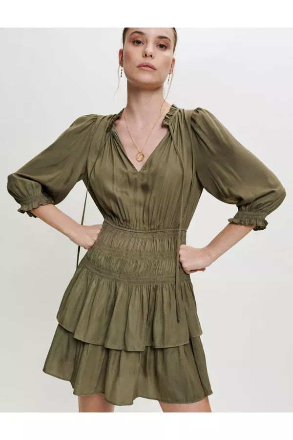 Satin Dress With Smocking And Ruffles by Maje at THE MILE Satin Dress With Smocking And Ruffles by Maje at THE MILE