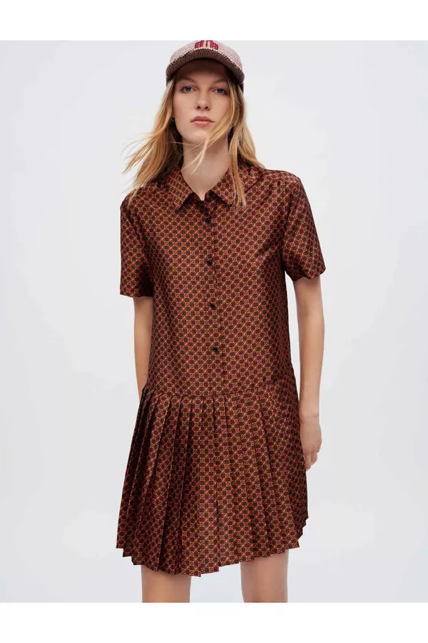 Shirt Dress In Printed, Pleated Satin by Maje at THE MILE