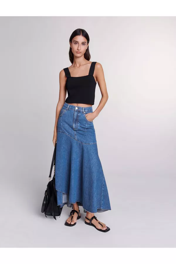 Asymmetrical Hem Frayed Patchwork Denim Skirt, Upcycled