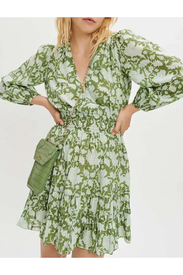maje green floral dress FARM Rio Green Striped 3d Monstera Leaf Euroflax Premium Linen Midi Dress, Green / S main image 0