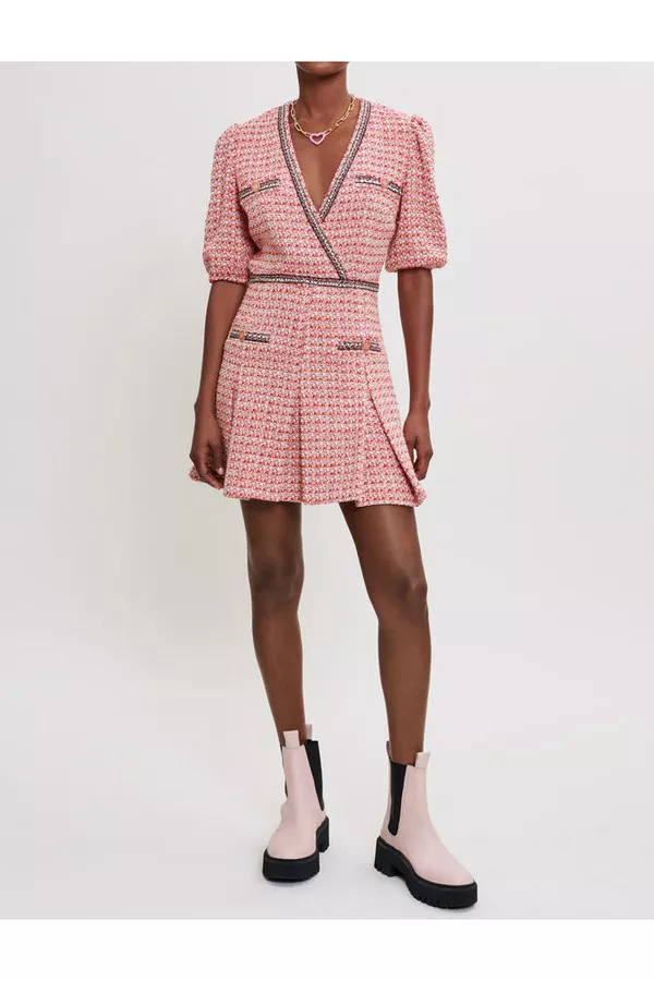 maje pink tweed dress Tweed-effect knit mini dress Pink For Women