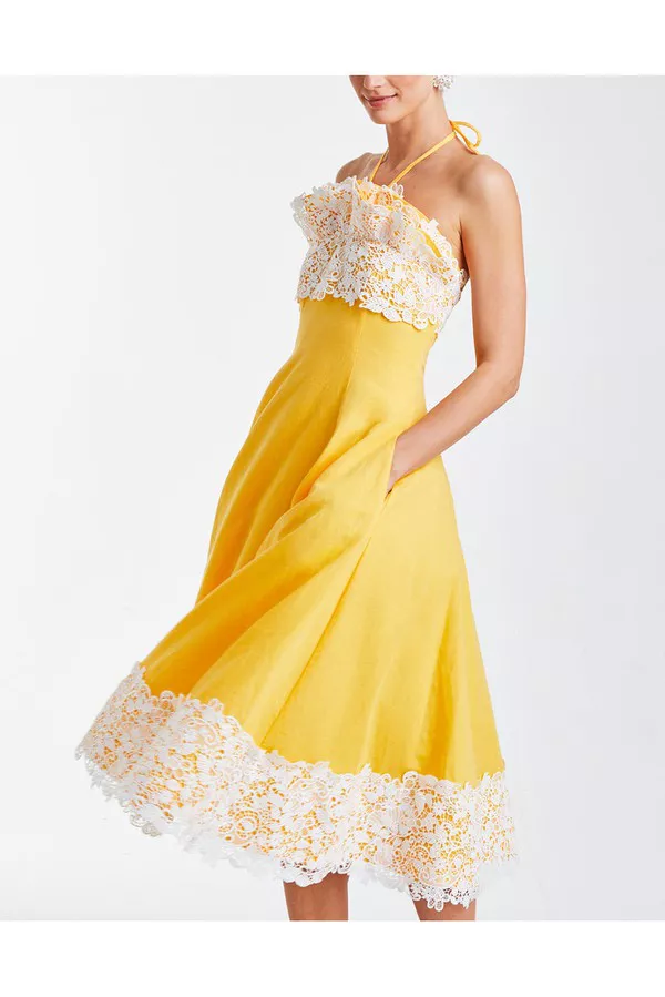 chinese dress ladies Self-Portrait | Yellow Lace Collared Midi Dress