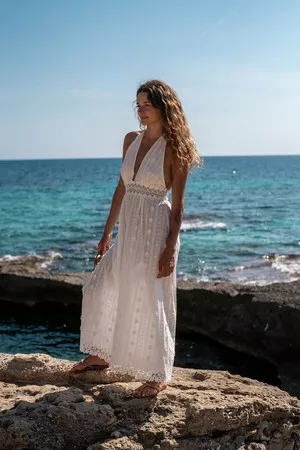 beach chic dresses Split Long Boho Maxi Dress  Layered Skirt, Square Neck & Waist Sash in Black | Women's Boho Fashion | L
