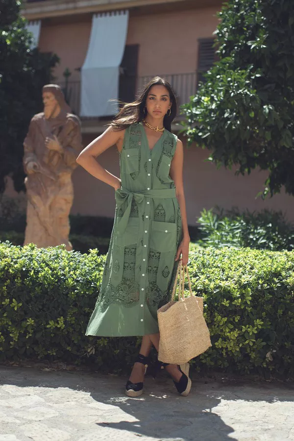 eucalyptus green midi dress Green Leaves Painting Women's V-Neck Flutter Sleeve Midi Dress main image 0