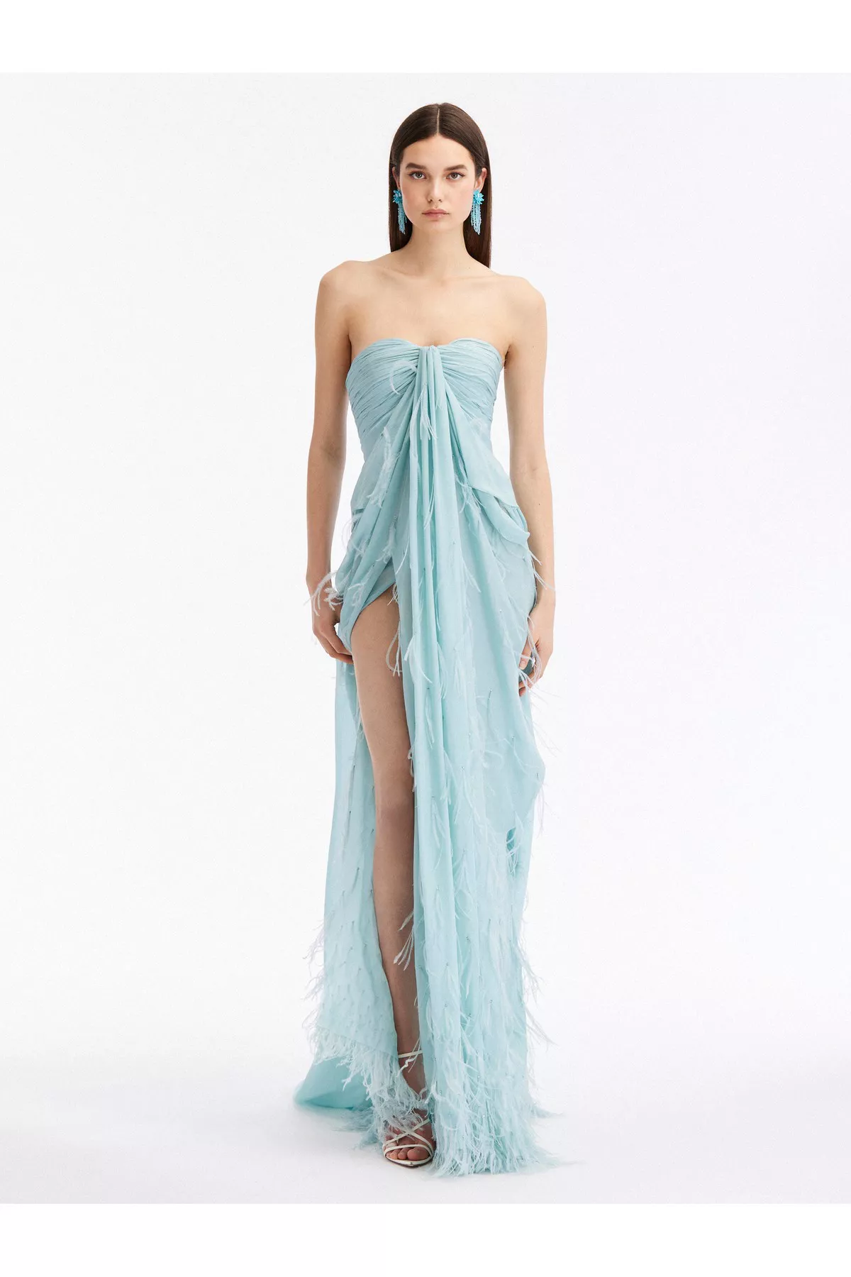 Off Shoulder Draped Feather Embroidered Gown by Oscar de la Renta