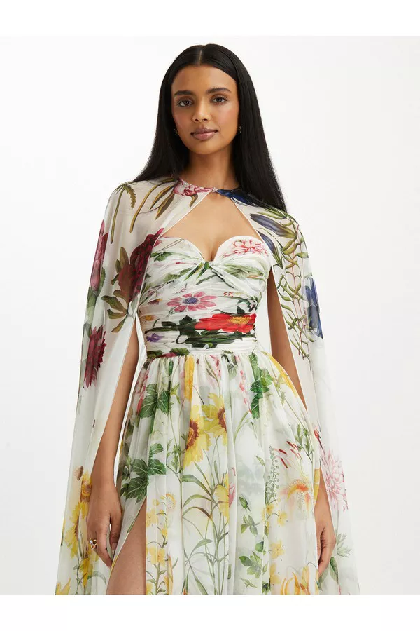 oscar de la renta chiffon floral dress Strapless Floral Chiffon Cape Gown by Oscar de la Renta at THE MILE