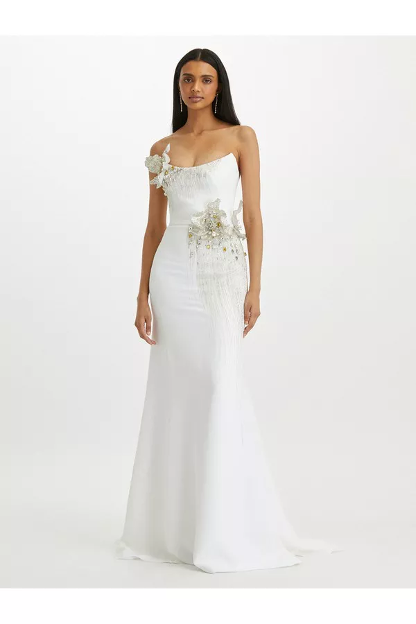 Strapless Crystal Flower Embroidered Gown by Oscar de la Renta at