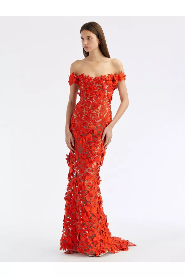 Off Shoulder Floral Threadwork Gown by Oscar de la Renta at THE MILE