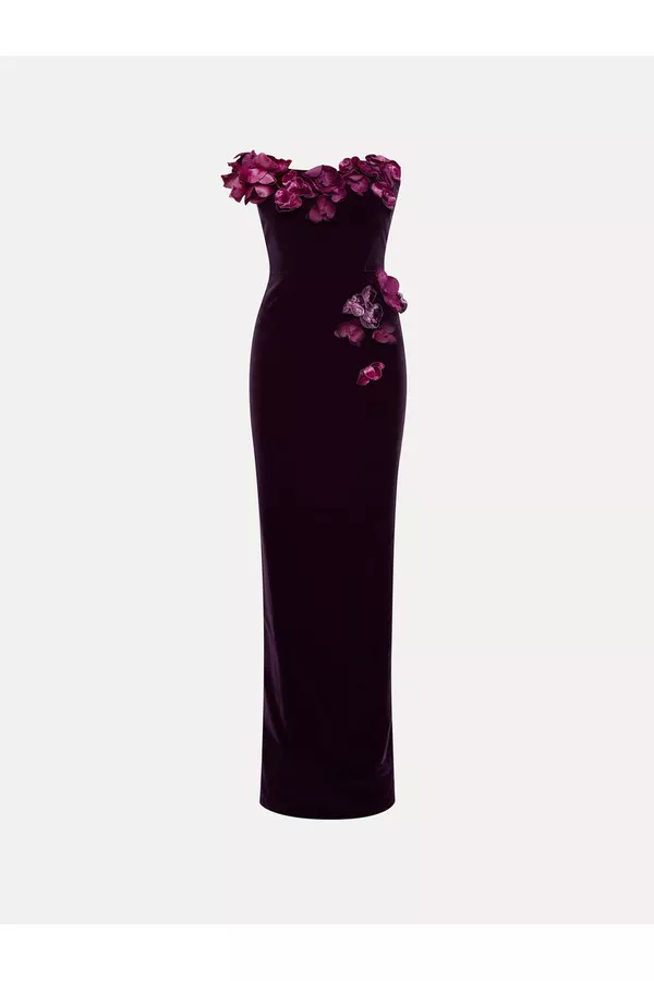 green emerald velvet dress Orchid Print Embroidered Gown S / Printed