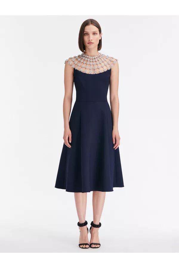 oscar de la renta crystal embroidered grid cocktail dress All that glitters. The #odlrfall2024 corded crystal cocktail dress  spotlights the seasons Art Nouveau inspiration, translated into  embroideries
