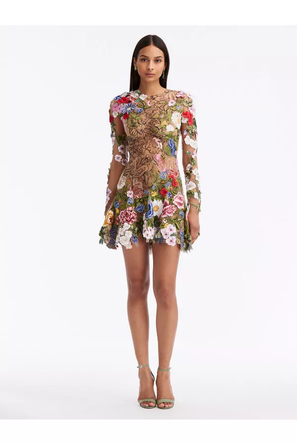 Sketched Floral Threadwork Mini Dress by Oscar de la Renta at THE MILE