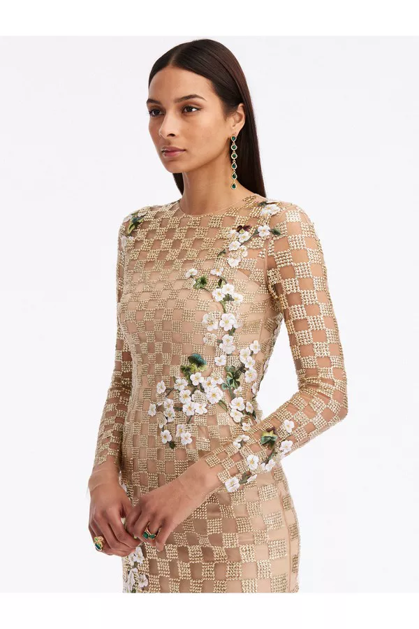 slim fit dress slacks Sequin Cascade Round Neck Gown