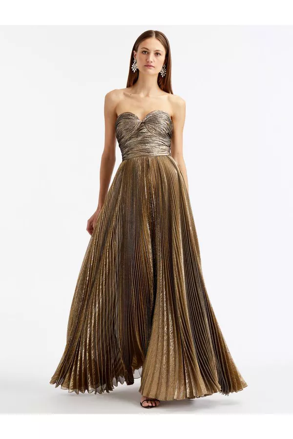 slim fit dress slacks Gold Pleated Metallic Lamé Gown, US 0 main image 1