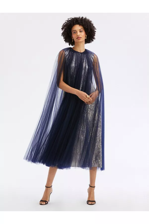 Tulle Overlay Lame Mousseline Cocktail Dress by Oscar de la