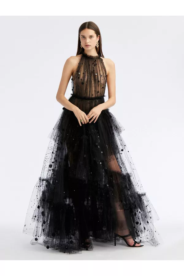 Halter Sequin & Bead Firefly Tulle Gown by Oscar de la Renta