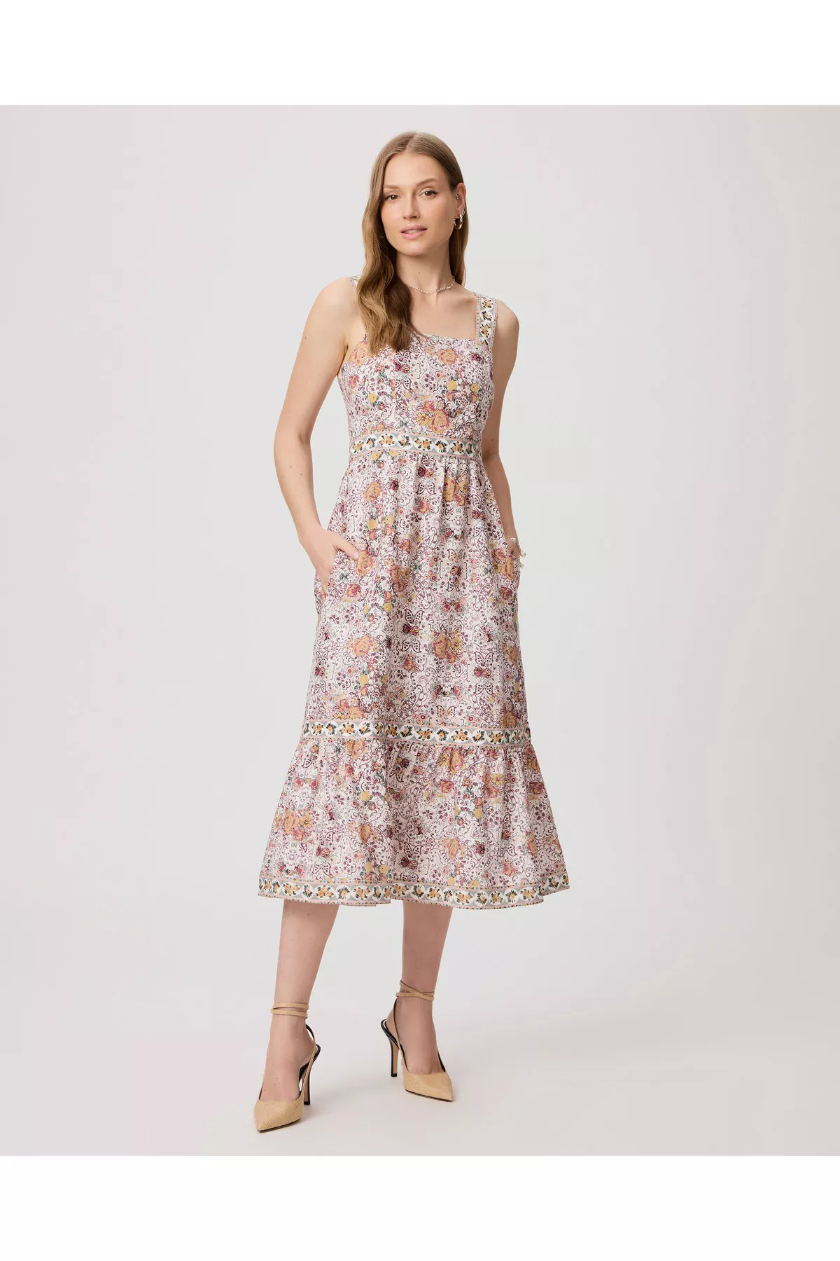 paige fiori linen midi dress NWT PAIGE Fiori Tiered MIDI Floral Cotton Linen Dress Anthropologie 0