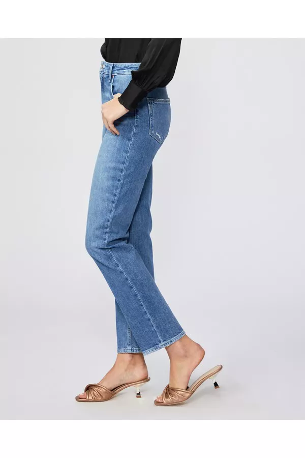 PAIGE Women's Sarah High Rise Straight Leg Jeans - 30" Inseam, Wannabe Distressed Light Wash - View #3