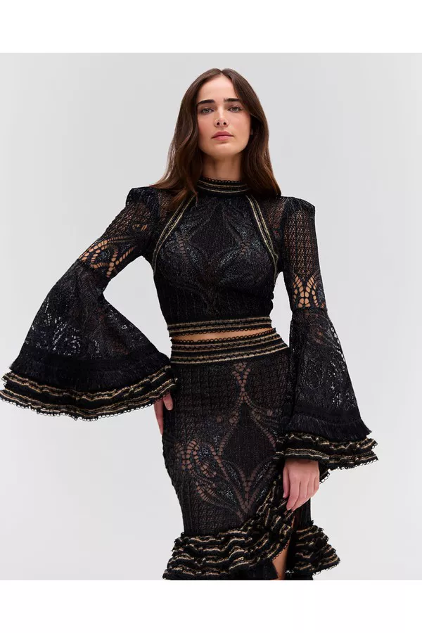 patbo black lace dress Lurex Tulle Bustier Midi Dress