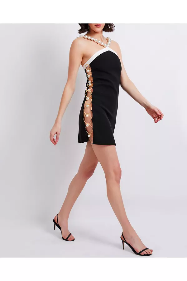 Colorblock Pearl-Beaded Mini Dress (Runway) by PatBO at THE MILE