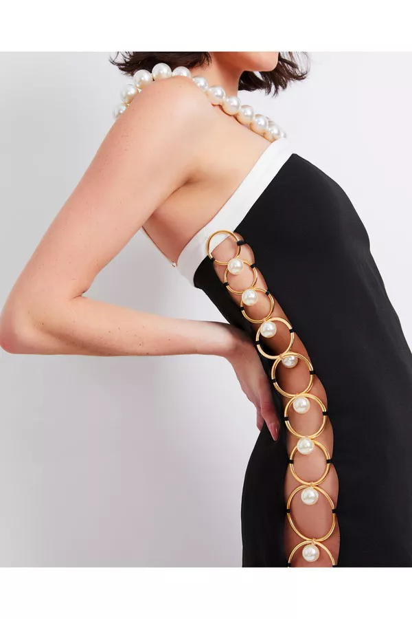 Colorblock Pearl-Beaded Mini Dress (Runway) by PatBO at THE MILE