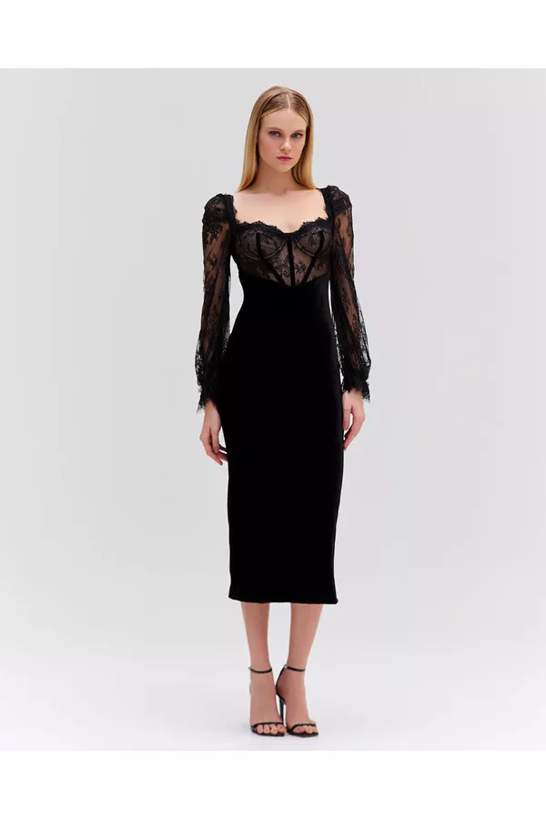 patbo black lace dress Lace And Velvet Midi Dress by PatBO at THE MILE