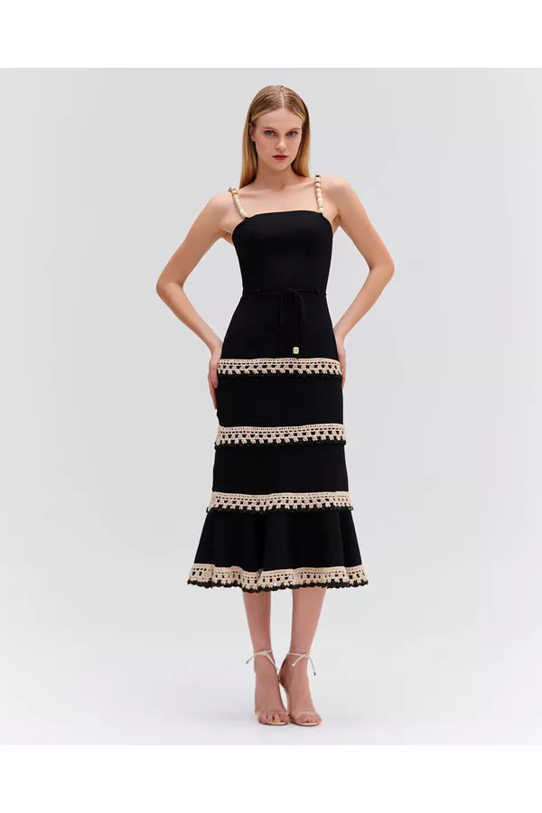 Crochet Trim Fitted Midi Dress by PatBO at THE MILE
