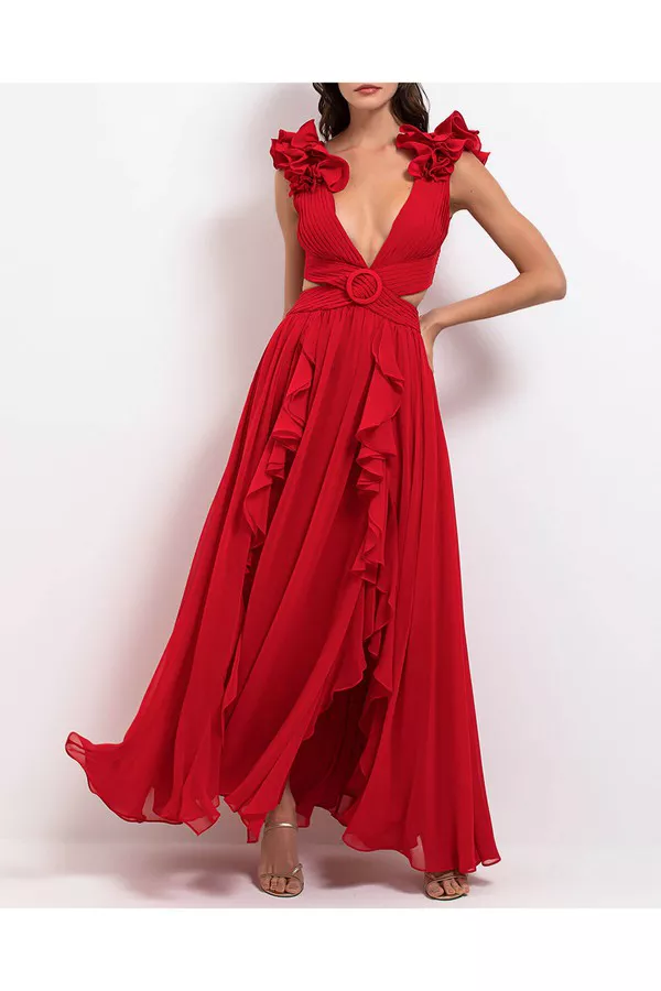 patbo red dress Delos Plunge Maxi Dress