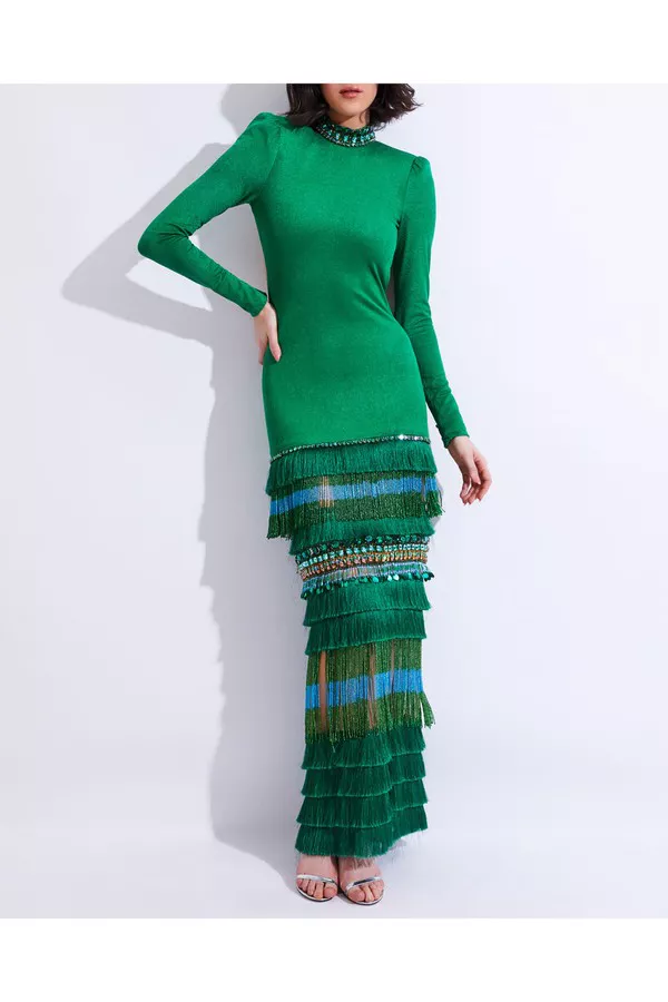 High Neck Maxi Dress With Beaded Fringe (Runway / Exclusive) by...