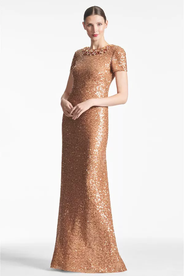 slim fit dress slacks EMBELLISHED LONDON GOWN in CAFE