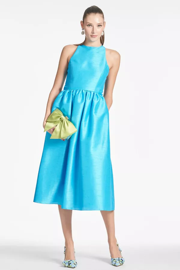 elegant mother of the bride dresses blue Sky Blue Mother Of The Bride Dresses Elegant 3/4 Sleeves Lace Sequins Bodice Satin Maxi Mother Of The Bride Dress With Pockets main image 1