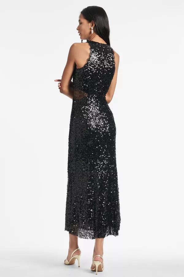 knee length dresses for ladies Rent Asos Edition Twist Front Sequin Cami Midi Dress With Full Skirt In  Black