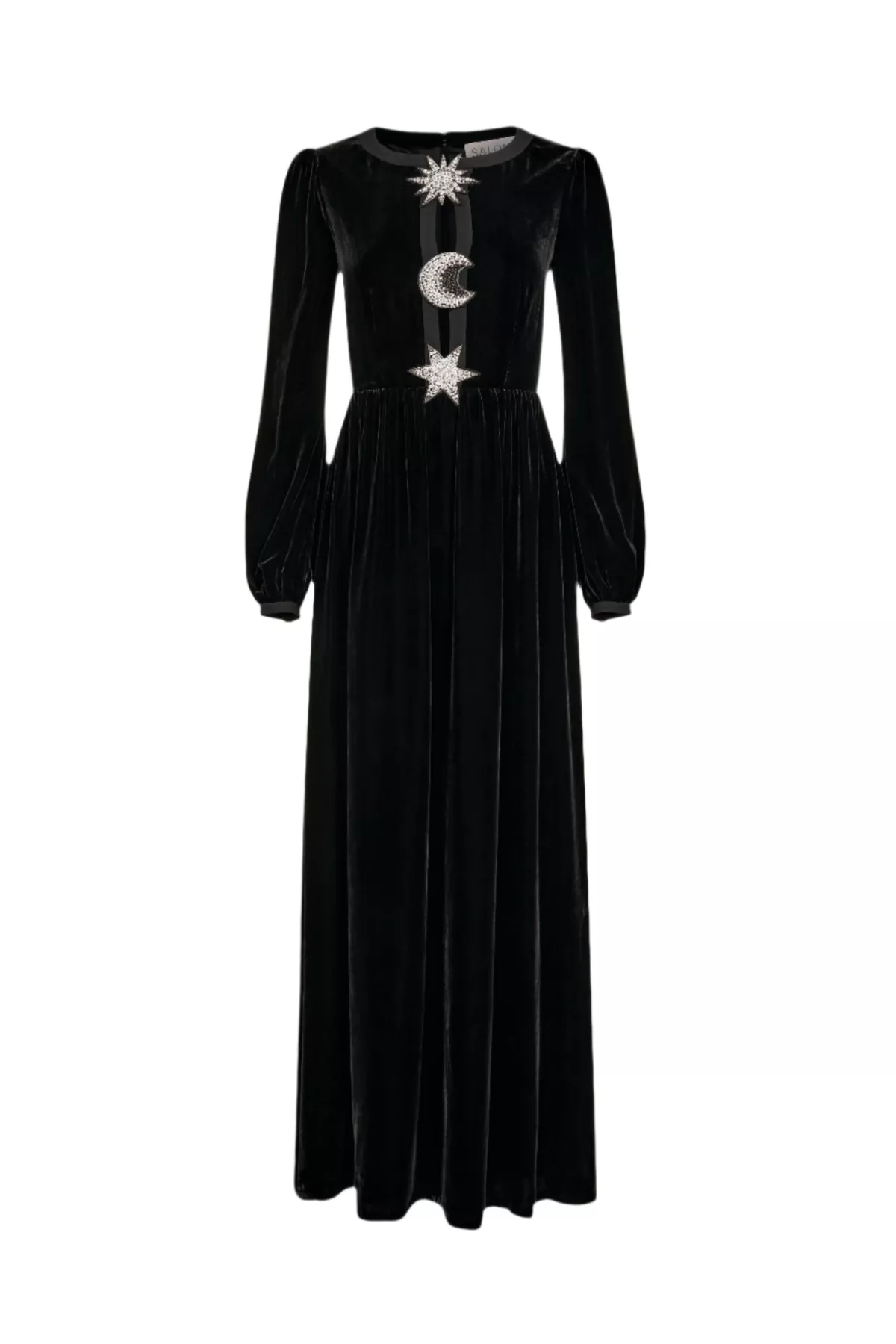Camille Embellished Sun Moon Star Long Dress In Black by Saloni at