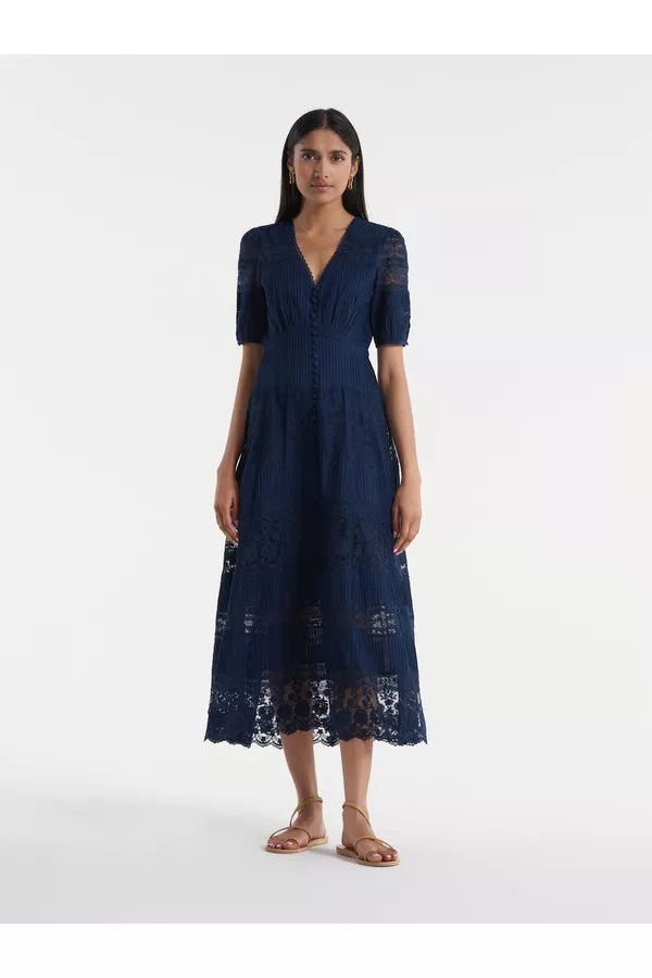Lea Long Lace Dress In Navy by Saloni at THE MILE Lea Long Lace Dress In Navy by Saloni at THE MILE