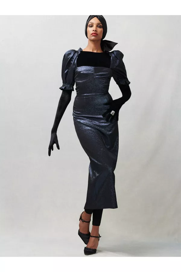 saloni metallic midnight rachel d dress Rachel D Dress In Metallic Midnight by Saloni at THE MILE