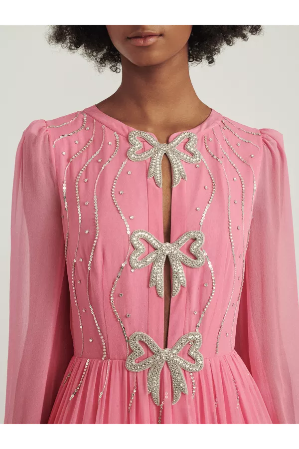 saloni pink bow dress Camille Heart Bows Long B Dress In Valentine Pink by Saloni at THE