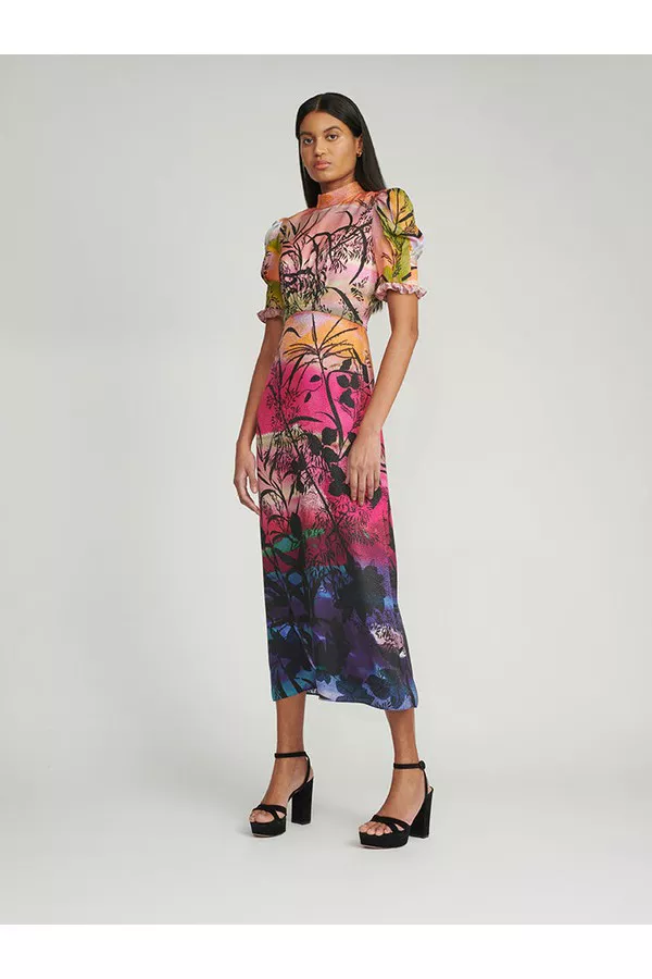 saloni bianca floral-print silk dress Saloni Bianca Floral Silk-Jacquard Midi Dress In Cream - 50% Off