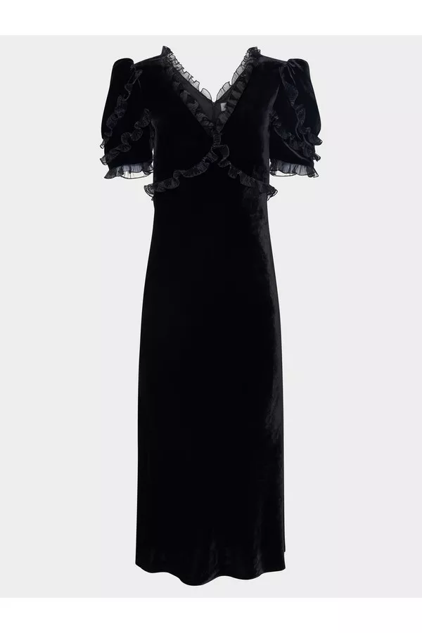 black short turtleneck dress Saloni Lea Puff Sleeve Midi Dress Black Floral Jacquard Silk Size US 2 –  Celebrity Owned main image 0
