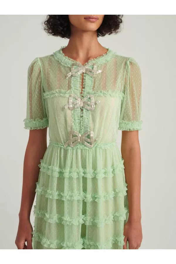 Camille Ruffle Ribbon Bows Dress In Mint by Saloni at THE MILE