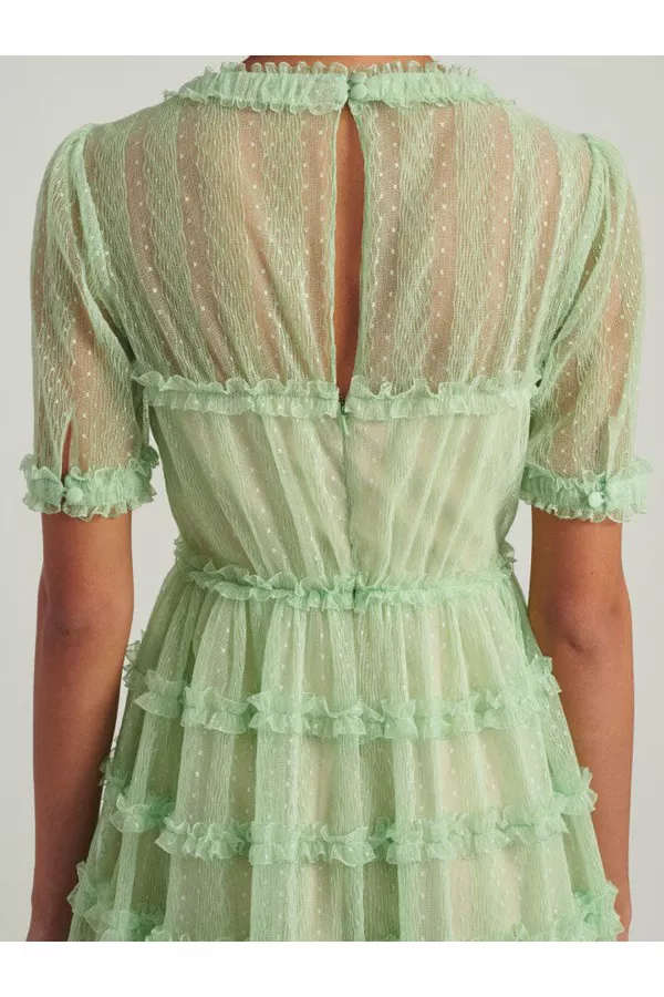 Camille Ruffle Ribbon Bows Dress In Mint by Saloni at THE MILE