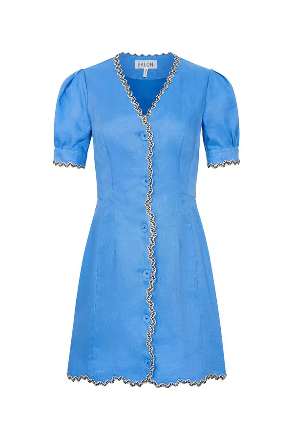saloni blue dress Vivienne Dress in Azure Stripe Embroidery