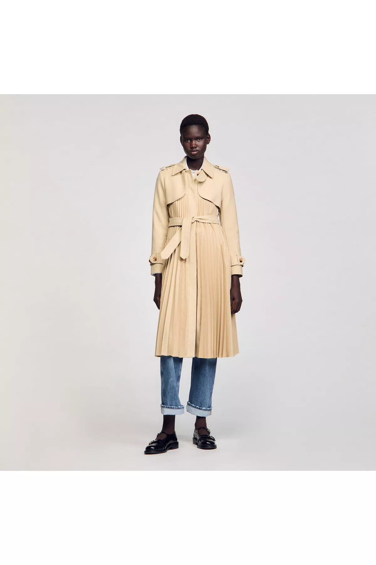Pleated Trench Coat With Belt by Sandro at THE MILE